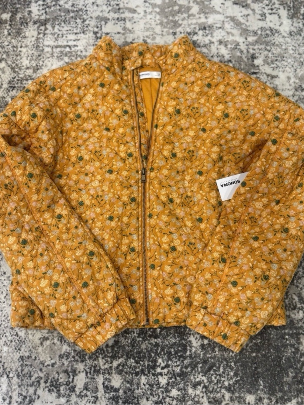 NWT Sonoma Womens Medium Quilted Floral Jacket Yellow Full Zip Lightweight